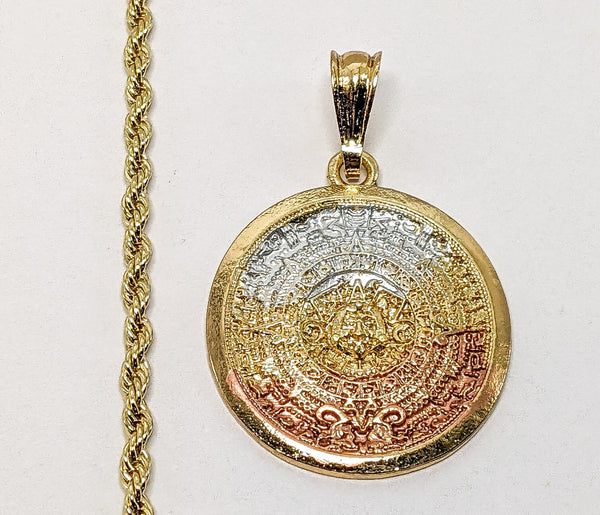 Plated Tri-Color Aztec Calendar 3mm Rope/Braided Chain Necklace
