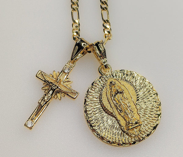 Virgin Mary Cross Double Pendants Charms 3mm Figaro Plated Necklace