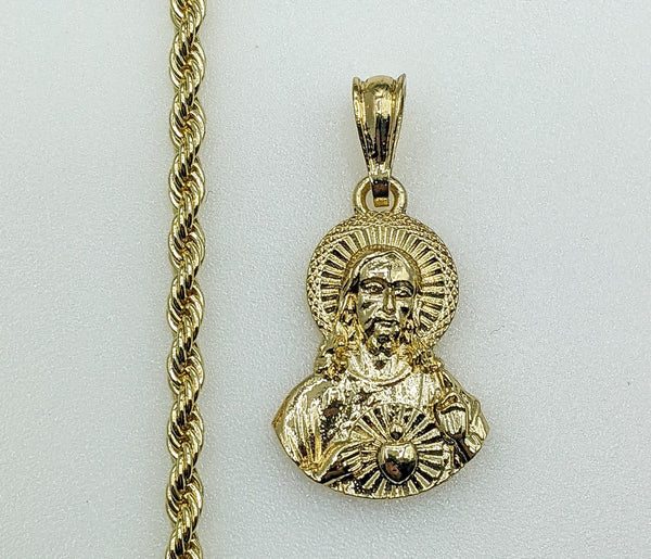 Plated Sacred Heart of Jesus 4mm Rope/Braided Chain Necklace