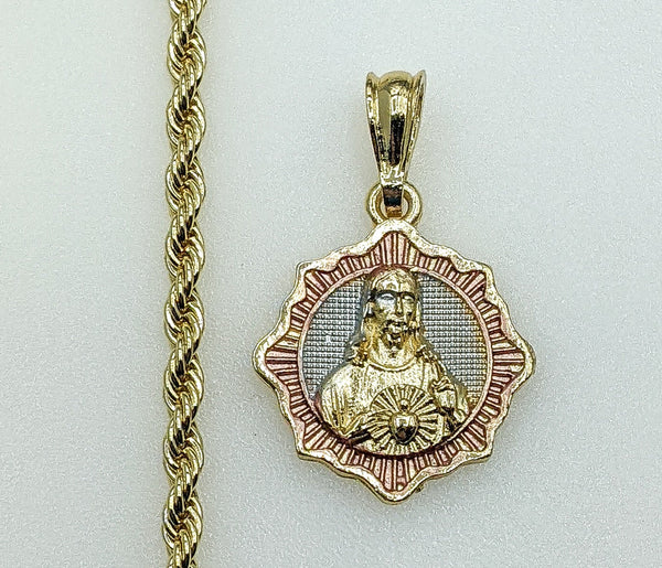 Plated Tri-Color Sacred Heart of Jesus 4mm Rope/Braided Chain Necklace