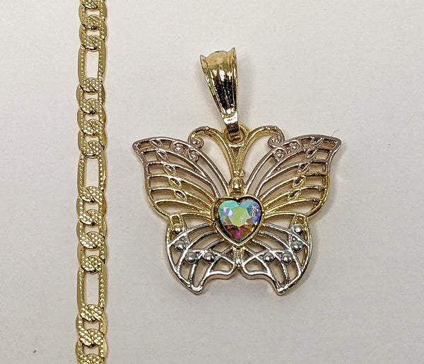 Plated Tri-Color Butterfly 4mm 14K Diamond Figaro Chain Necklace