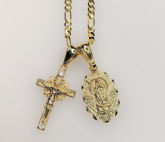 Virgin Mary Cross Double Pendants Charms 3mm Figaro Plated Necklace