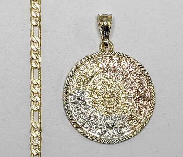 Plated Tri-Color Aztec Calendar 4mm 14K Diamond Cut Figaro Chain Necklace