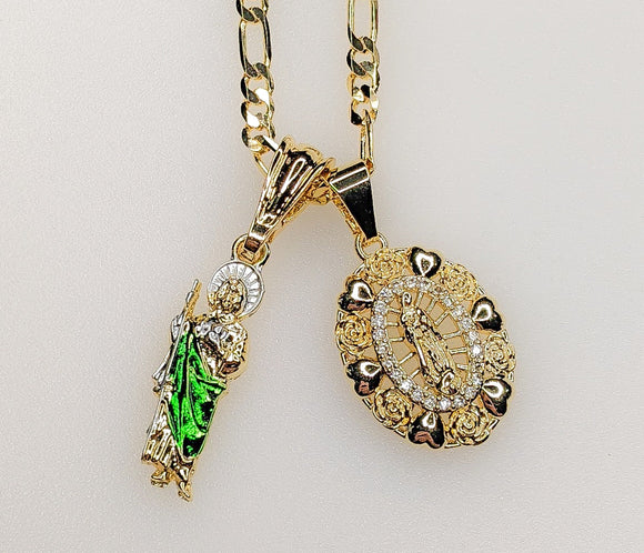 Virgin Mary Saint Jude Double Pendants Charms 3mm Figaro Plated Necklace