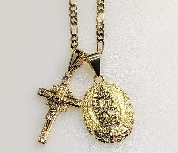 Virgin Mary Cross Double Pendants Charms 3mm Figaro Plated Necklace