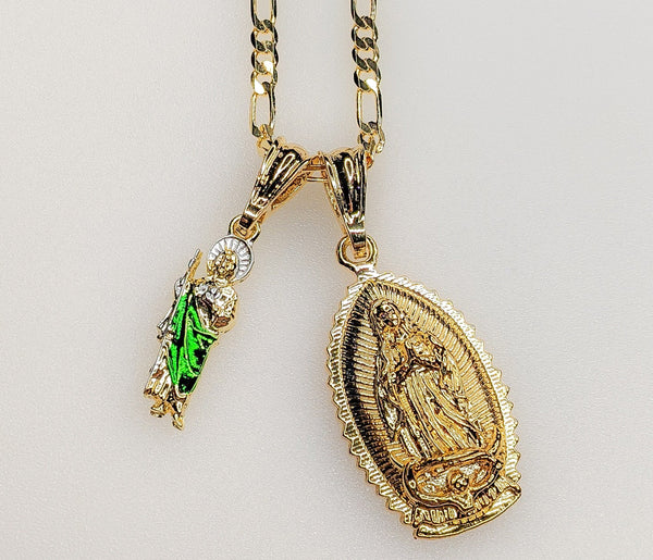 Virgin Mary Saint Jude Double Pendants Charms 3mm Figaro Plated Necklace