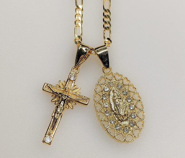 Virgin Mary Cross Double Pendants Charms 3mm Figaro Plated Necklace