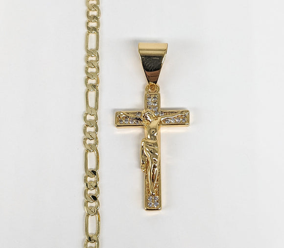 18K Gold Plated Cross Pendant and Figaro Chain Set