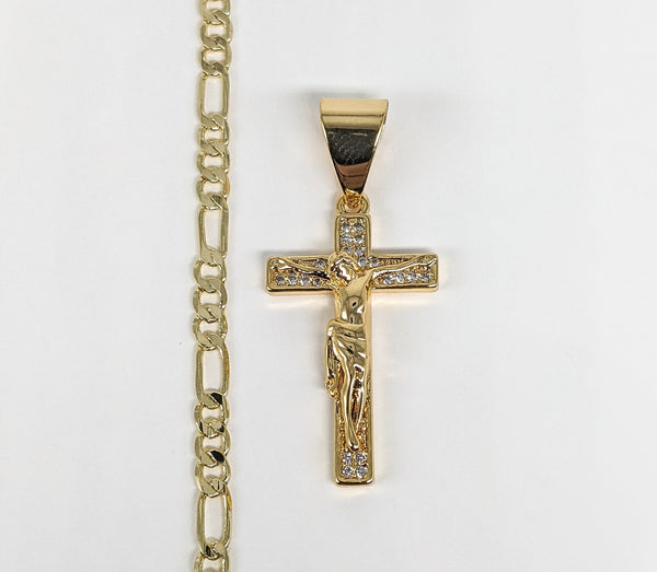 18K Gold Plated Cross Pendant and Figaro Chain Set