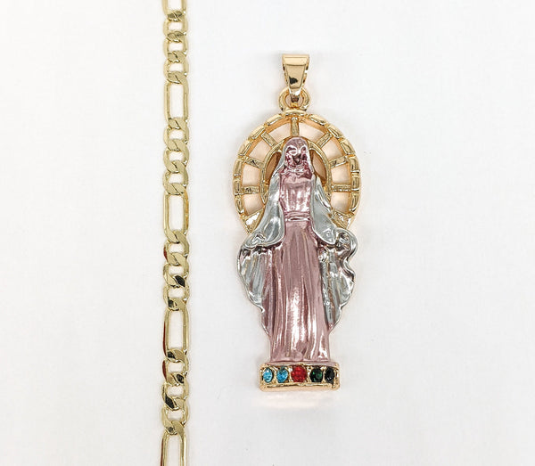 Plated Tri-Gold Virgin Mary Pendant and Figaro Chain Set