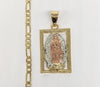 Plated Tri-Gold Virgin Mary Pendant and Figaro Chain Set