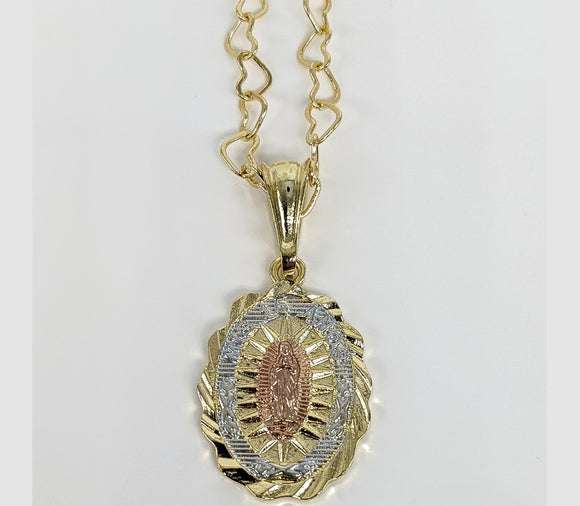 Plated Tri-Color Quince Virgin Mary Hearts Chain Necklace