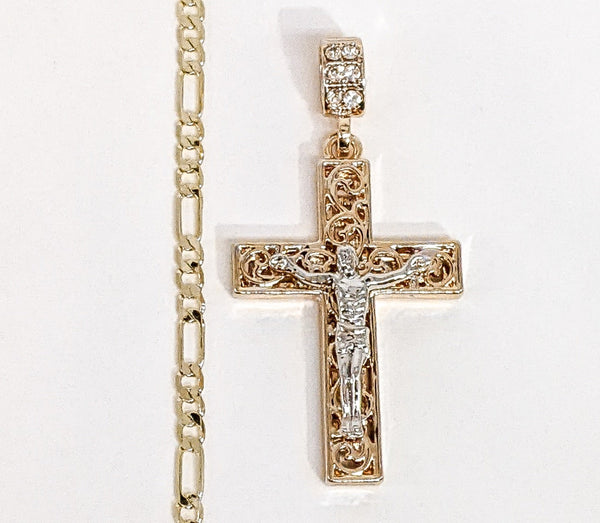 Plated Multicolor Cross 4mm Figaro Chain Necklace