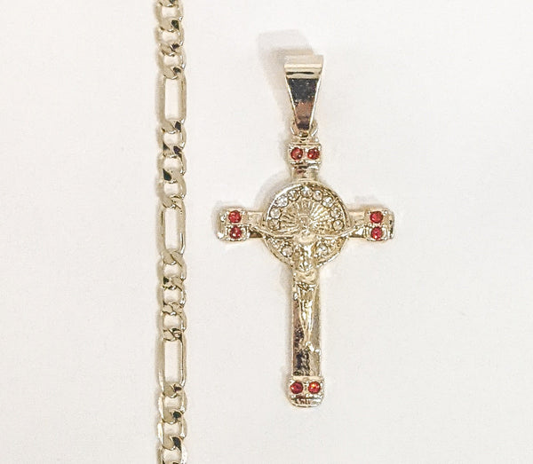 Plated Tri-Gold Cross 4mm Figaro Chain Necklace