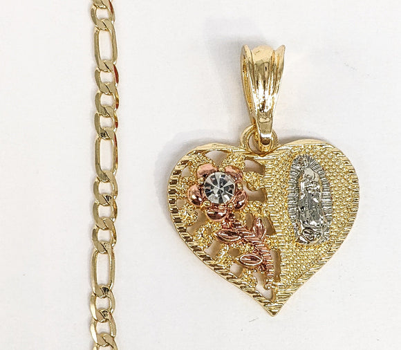 Plated Tri-Gold Virgin Mary 3mm Figaro Chain Necklace