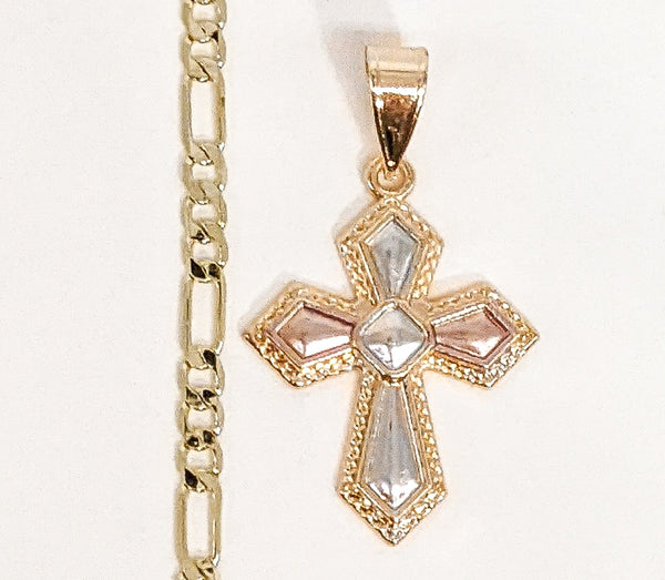Plated Tri-Gold Cross 4mm Figaro Chain Necklace