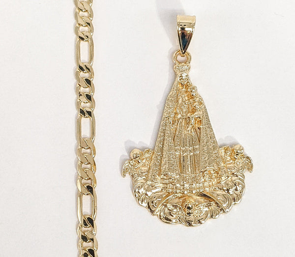 Plated Virgin Mary Pendant and Figaro Chain Set