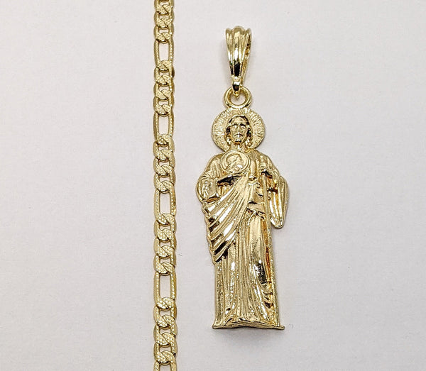 Plated Saint Jude 4mm 14K Diamond Cut Figaro Chain Necklace