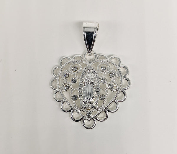 Rhodium Plated Heart with Virgin Mary Pendant