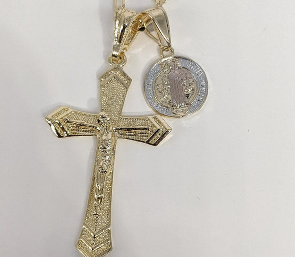 Plated Cross and Saint Benedict 3mm Figaro Chain Necklace
