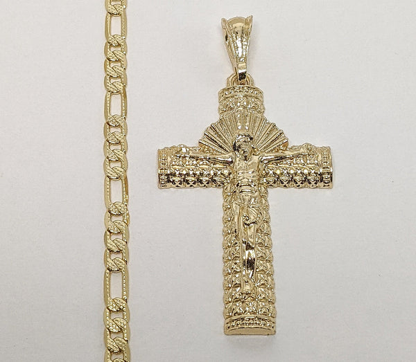 Plated Cross 4mm 14K Diamond Cut Figaro Chain Necklace