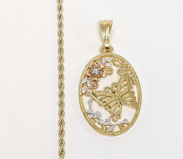 Plated Tri-Gold Butterfly 2mm Rope/Braided Chain Necklace