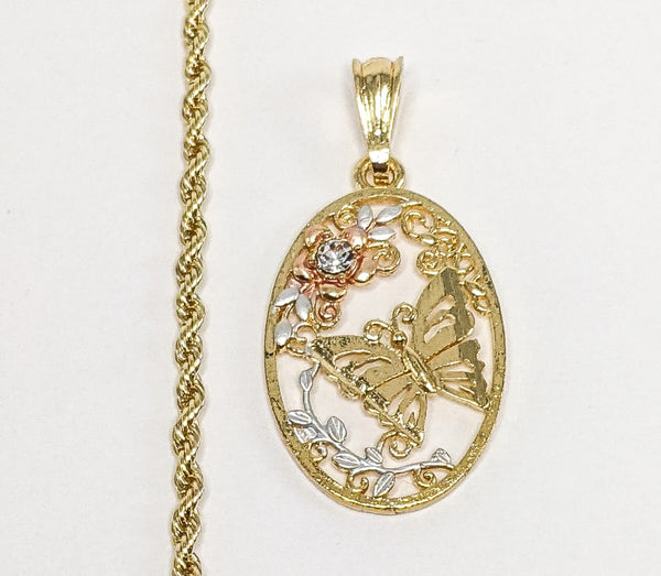 Plated Tri-Gold Butterfly 3mm Rope/Braided Chain Necklace