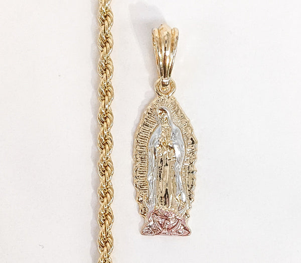 Plated Tri-Color Virgin Mary 4mm Rope/Braided Chain Necklace