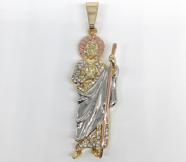 Plated Tri-Color Rose Halo Saint Jude Pendant