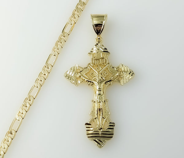 Spiritual Plated Cross Jesus Crucifix 14K 4mm Diamond Cut Figaro Chain Necklace