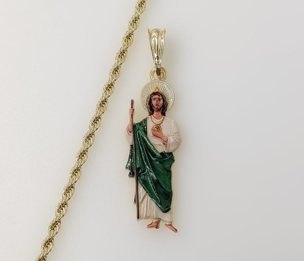 Trendy St Jude Catholic Pendant Small Green Plated 3mm Rope Braided Chain