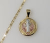 Gold plated Saint Benedict medal pendant on a mariner anchor chain necklace.

Gold plated tri-color Saint Benedict medal