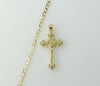 14K gold plated Cuban chain necklace featuring a small cross pendant on a 3mm chain. 
Gold plated Cuban link chain neckl