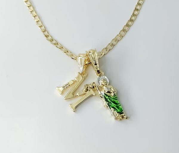 Gold Plated 14K Saint Jude double pendants with Cuban chain necklace.