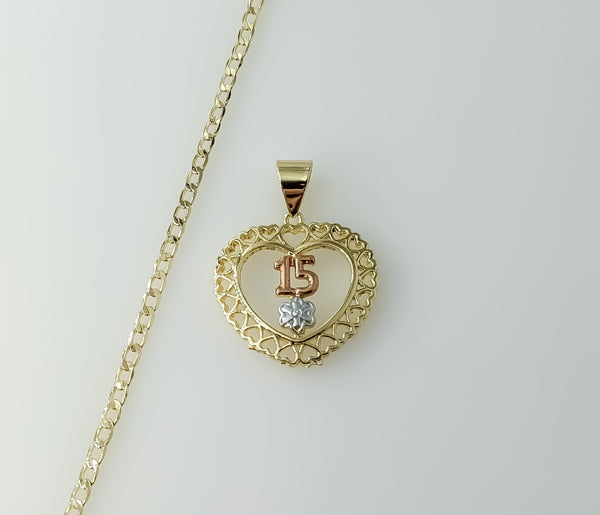 Tri-color plated 14K gold 3mm Cuban chain necklace with a heart charm.