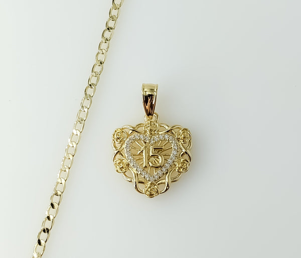 Plated Dainty Heart "My 15" Quince 14K 3mm Cuban Chain Necklace