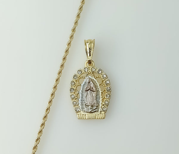 Gold plated tri-color Virgin Mary pendant on a braided rope chain necklace.
Gold plated Virgin Mary pendant on a braided