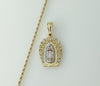 Gold plated tri-color Virgin Mary pendant on a braided rope chain necklace.
Gold plated Virgin Mary pendant on a braided