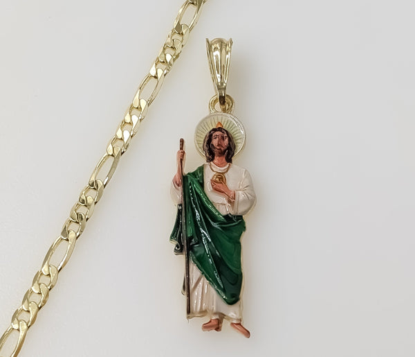 Classic St Jude Patron Saint of Miracles Small Green Plated 4mm Figaro Chain