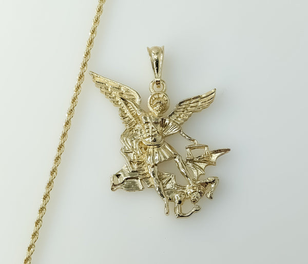 Gold plated Archangel Saint Michael necklace with rope and braided chain.