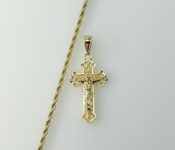 Gold plated 3mm rope braided chain necklace with a cross pendant.