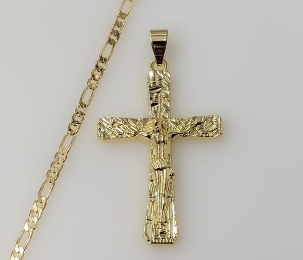 Men Nugget Design Cross Crucifix Plated 3mm Figaro Chain Hip Hop Necklace