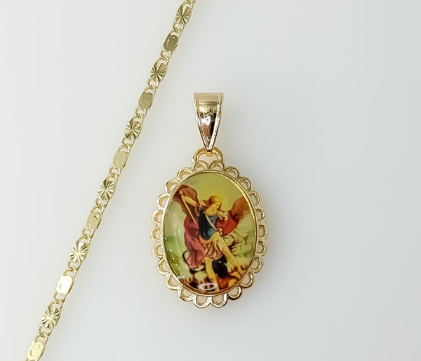 Gold plated archangel Saint Michael star solid chain necklace with chain links.