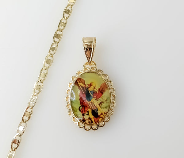 Gold plated anchor chain necklace with a Saint Michael pendant.

Gold plated flat mariner anchor chain necklace with a S