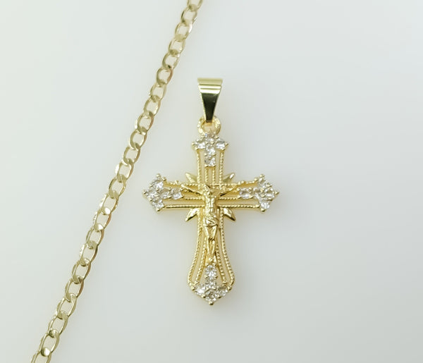 Gold plated 14K Jesus Crucifix pendant on Cuban chain necklace.

Gold plated 14K cross pendant on 3mm Cuban chain neckla