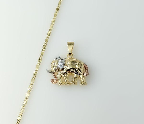 A gold plated solid chain necklace featuring a tri-color elephant 2mm star pendant.

Gold plated chain and star necklace