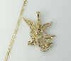 A gold plated figaro chain necklace with an archangel pendant.

A gold plated chain necklace featuring an archangel Sain