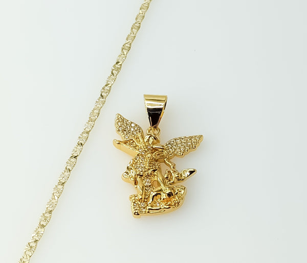 Small Archangel Saint Michael star shaped pendant on gold plated chain necklace.
Gold plated Archangel Saint Michael sta
