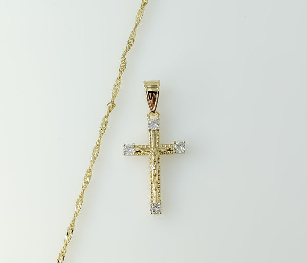 A 14K gold plated twist chain necklace with a small cross pendant.

A gold plated twist chain necklace features a small