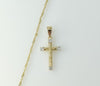 A 14K gold plated twist chain necklace with a small cross pendant.

A gold plated twist chain necklace features a small